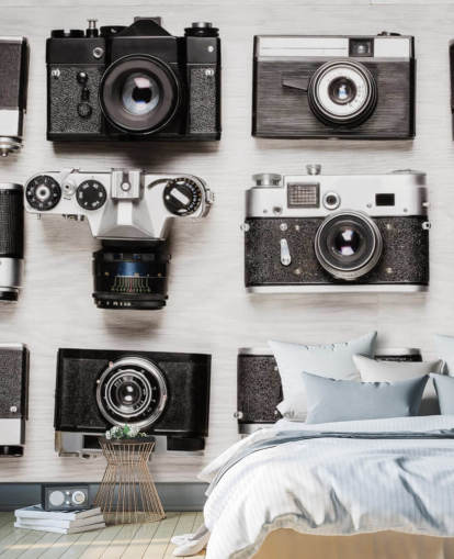 Schwarz-Weiß-Collage von Vintage-Kameras-Tapete