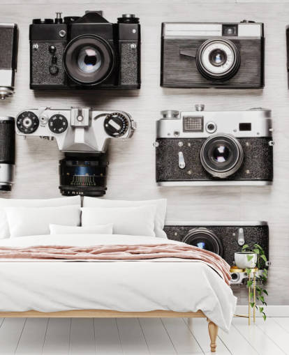 Black and White Collage of Vintage Cameras Wallpaper