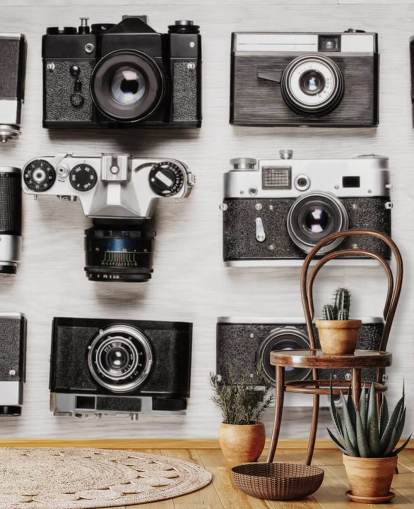 Schwarz-Weiß-Collage von Vintage-Kameras-Tapete