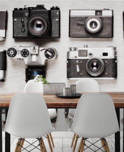 Black and White Collage of Vintage Cameras Wallpaper