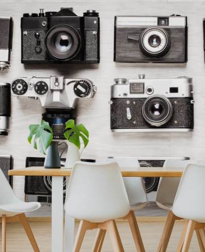 Black and White Collage of Vintage Cameras Wallpaper