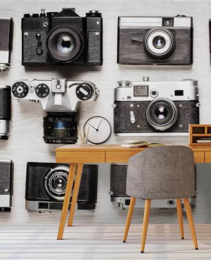 Colagem em preto e branco de papel de parede de câmeras vintage