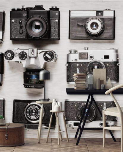 Black and White Collage of Vintage Cameras Wallpaper