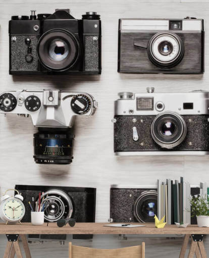 Papel pintado Collage de cámaras vintage en blanco y negro Papel pintado Collage de cámaras vintage en blanco y negro