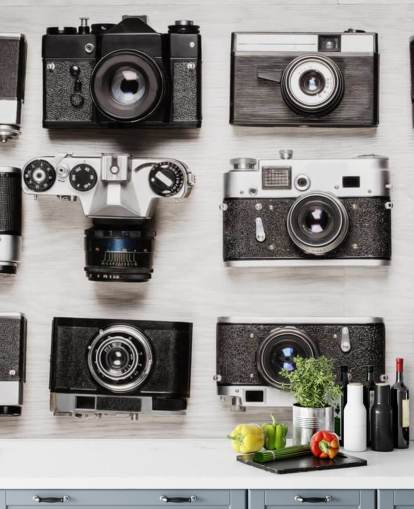 Black and White Collage of Vintage Cameras Wallpaper Black and White Collage of Vintage Cameras Wallpaper