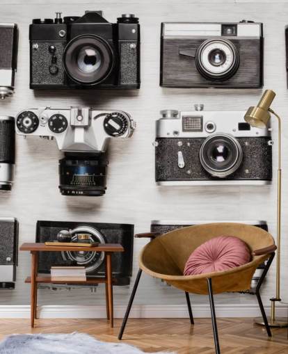 zwart-wit collage van vintage camera's behang zwart-wit collage van vintage camera's behang
