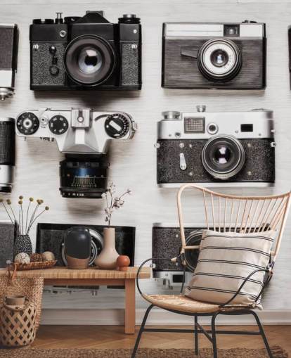 Black and White Collage of Vintage Cameras Wallpaper
