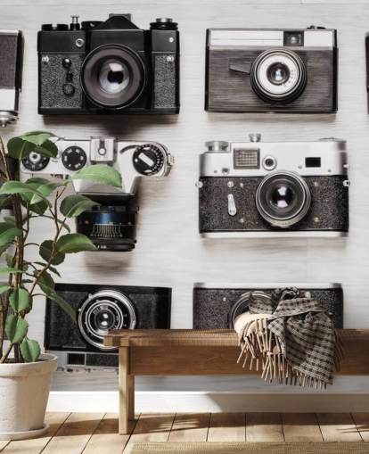 Black and White Collage of Vintage Cameras Wallpaper