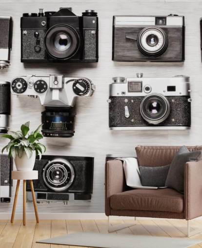 Black and White Collage of Vintage Cameras Wallpaper