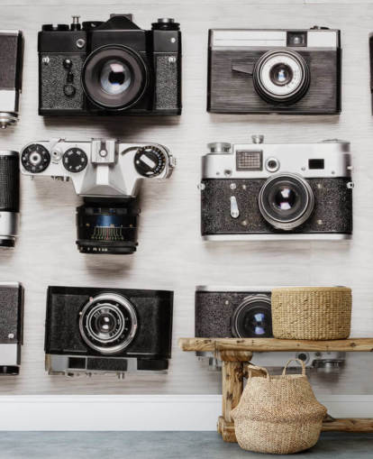 Black and White Collage of Vintage Cameras Wallpaper