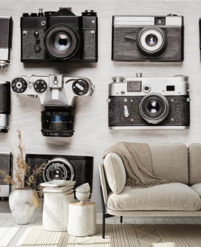 Black and White Collage of Vintage Cameras Wallpaper