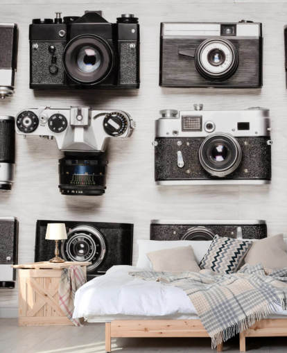 Black and White Collage of Vintage Cameras Wallpaper