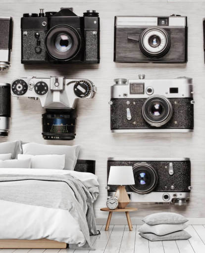 Black and White Collage of Vintage Cameras Wallpaper Black and White Collage of Vintage Cameras Wallpaper