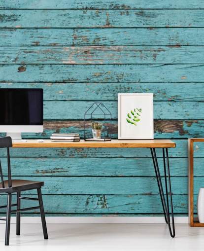 Blauw geschilderd rustiek houten paneelbehang