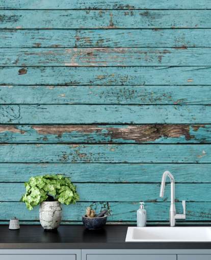 Papier peint en panneau de bois rustique peint en bleu