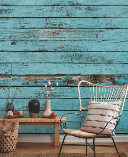 Blauw geschilderd rustiek houten paneelbehang