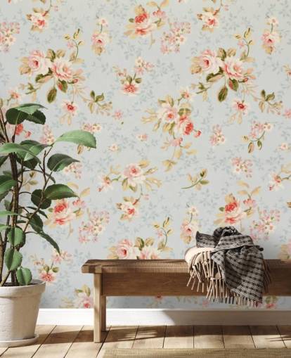 Papier Peint Rose sur Fond Bleu