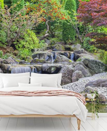 Japanse waterval tuin muurschildering Japanse waterval tuin muurschildering