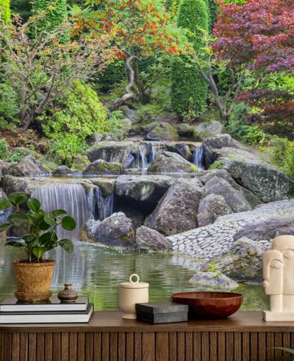Japanse waterval tuin muurschildering Japanse waterval tuin muurschildering