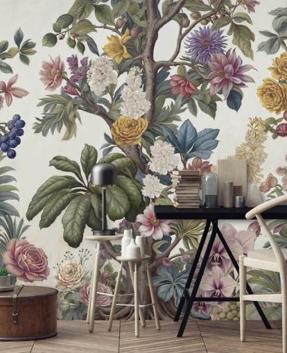 murale colorato da giardino chiamato Bountiful Garden di Marina Stupakova per salotti e camere da letto