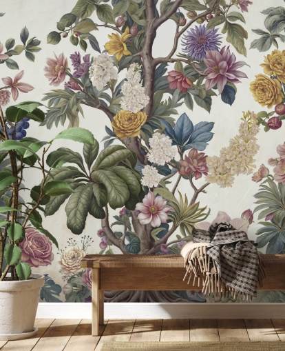colourful garden wall mural called Bountiful Garden by Marina Stupakova for lounges and bedrooms