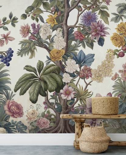 kleurrijke tuinmuurschildering genaamd Bountiful Garden van Marina Stupakova voor lounges en slaapkamers kleurrijke tuinmuurschildering genaamd Bountiful Garden van Marina Stupakova voor lounges en slaapkamers