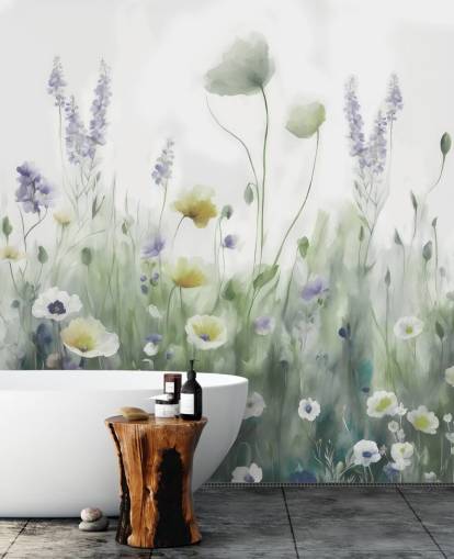 mural colorido de flores silvestres chamado Ease II de Marina Stupakova para quartos e salas de estar