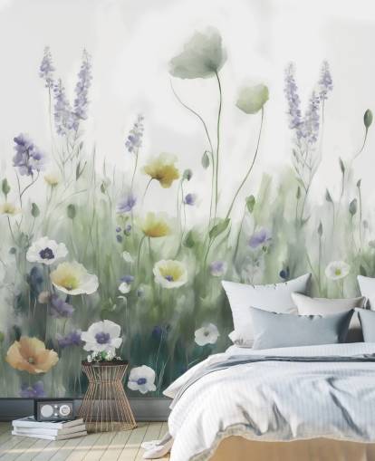 färgstark vildblomma väggmålning kallad Ease II av Marina Stupakova för sovrum och vardagsrum