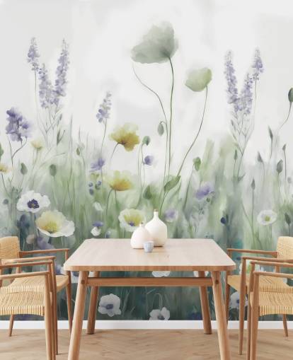 färgstark vildblomma väggmålning kallad Ease II av Marina Stupakova för sovrum och vardagsrum