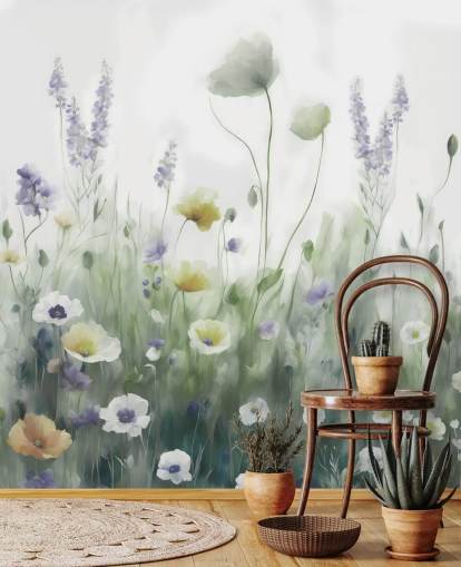 murale colorato con fiori selvatici chiamato Ease II di Marina Stupakova per camere da letto e salotti murale colorato con fiori selvatici chiamato Ease II di Marina Stupakova per camere da letto e salotti