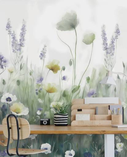 kleurrijke muurschildering met wilde bloemen genaamd Ease II van Marina Stupakova voor slaapkamers en woonkamers