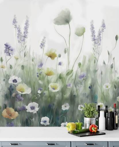 kleurrijke muurschildering met wilde bloemen genaamd Ease II van Marina Stupakova voor slaapkamers en woonkamers