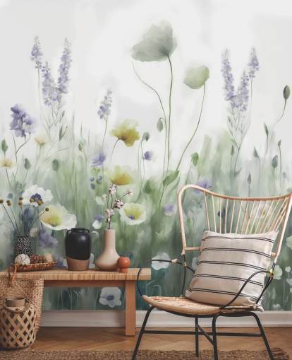 färgstark vildblomma väggmålning kallad Ease II av Marina Stupakova för sovrum och vardagsrum