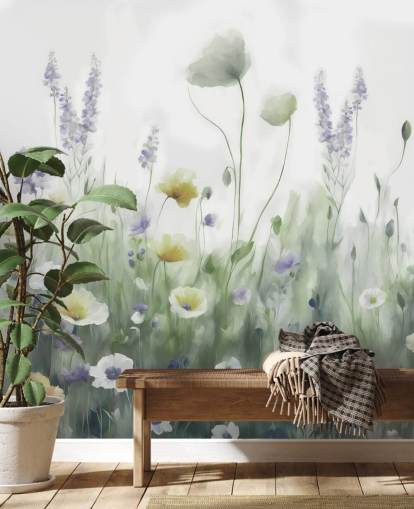 murale colorato con fiori selvatici chiamato Ease II di Marina Stupakova per camere da letto e salotti