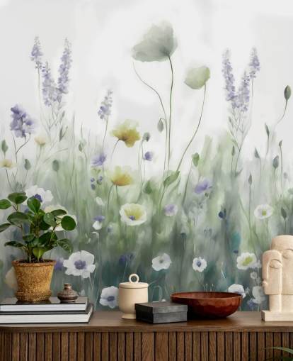 färgstark vildblomma väggmålning kallad Ease II av Marina Stupakova för sovrum och vardagsrum