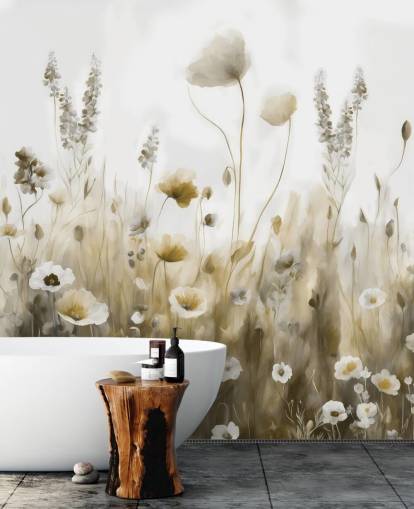 papier peint mural de fleurs sauvages jaunes et grises appelé Ease III de Marina Stupakova pour les chambres, les cuisines et les salles de bain