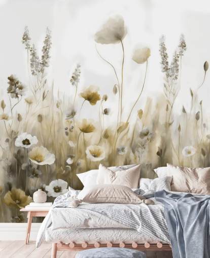 yellow and grey wildflower wallpaper mural called Ease III by Marina Stupakova for bedrooms, kitchens and bathrooms