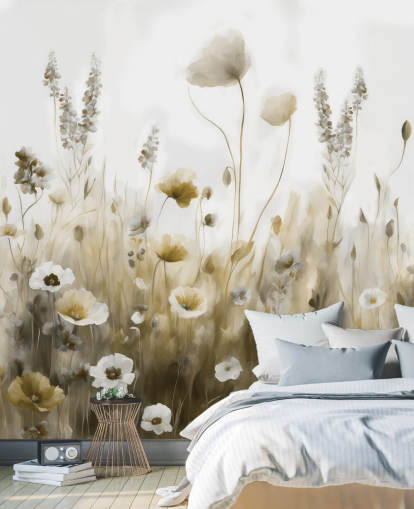 yellow and gray wildflower wallpaper mural called Ease III by Marina Stupakova for bedrooms, kitchens and bathrooms