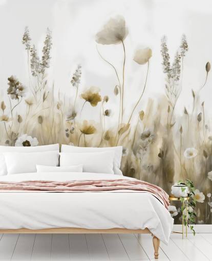 papier peint mural de fleurs sauvages jaunes et grises appelé Ease III de Marina Stupakova pour les chambres, les cuisines et les salles de bain