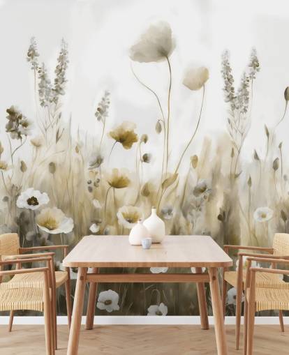 gelbe und graue Wildblumentapete namens Ease III von Marina Stupakova für Schlafzimmer, Küchen und Badezimmer