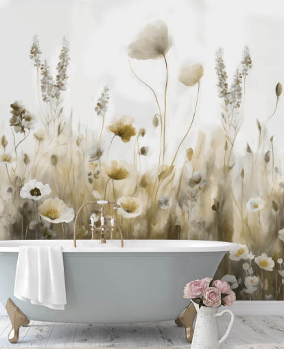 mural de papel pintado de flores silvestres amarillas y grises llamado Ease III de Marina Stupakova para dormitorios, cocinas y baños mural de papel pintado de flores silvestres amarillas y grises llamado Ease III de Marina Stupakova para dormitorios, cocinas y baños