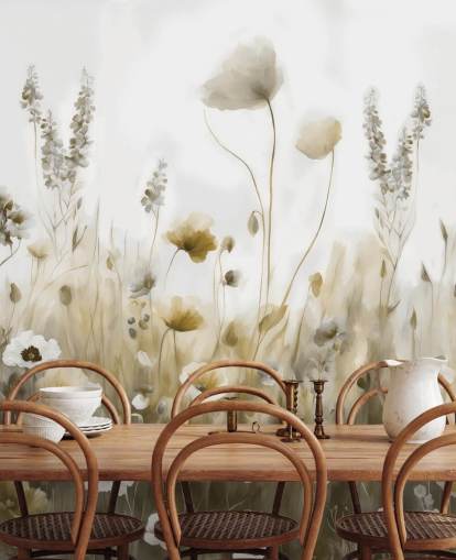 gelbe und graue Wildblumentapete namens Ease III von Marina Stupakova für Schlafzimmer, Küchen und Badezimmer