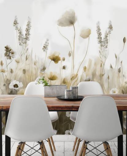 papier peint mural de fleurs sauvages jaunes et grises appelé Ease III de Marina Stupakova pour les chambres, les cuisines et les salles de bain