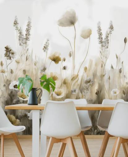 mural de papel pintado de flores silvestres amarillas y grises llamado Ease III de Marina Stupakova para dormitorios, cocinas y baños