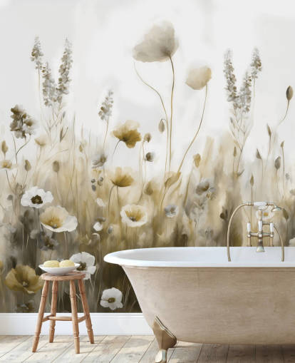 mural de papel de parede de flores silvestres amarelo e cinza chamado Ease III de Marina Stupakova para quartos, cozinhas e banheiros