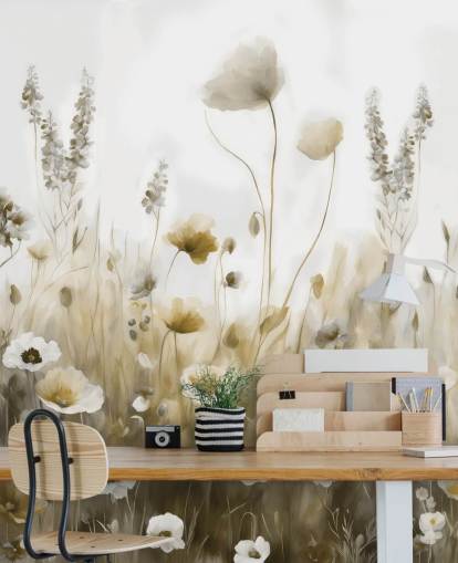gele en grijze muurschildering met wilde bloemen genaamd Ease III van Marina Stupakova voor slaapkamers, keukens en badkamers gele en grijze muurschildering met wilde bloemen genaamd Ease III van Marina Stupakova voor slaapkamers, keukens en badkamers