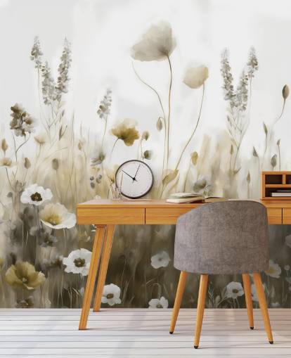 mural de papel de parede de flores silvestres amarelo e cinza chamado Ease III de Marina Stupakova para quartos, cozinhas e banheiros mural de papel de parede de flores silvestres amarelo e cinza chamado Ease III de Marina Stupakova para quartos, cozinhas e banheiros