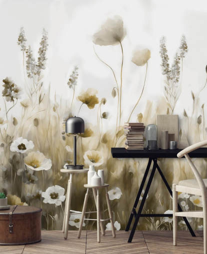 yellow and gray wildflower wallpaper mural called Ease III by Marina Stupakova for bedrooms, kitchens and bathrooms