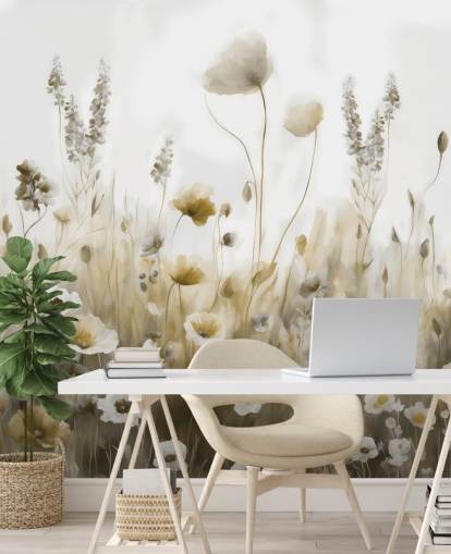 yellow and grey wildflower wallpaper mural called Ease III by Marina Stupakova for bedrooms, kitchens and bathrooms