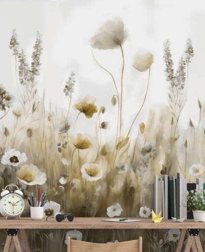 papier peint mural de fleurs sauvages jaunes et grises appelé Ease III de Marina Stupakova pour les chambres, les cuisines et les salles de bain
